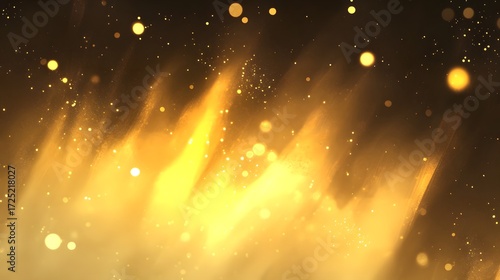 A striking golden abstract design featuring soft, flowing shapes, shimmering light particles, and a dark background.