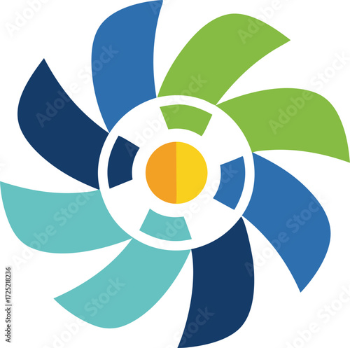Modern illustration of a wind turbine fan with multiple colorful blades arranged around a central hub, representing clean energy, wind power, and renewable technology