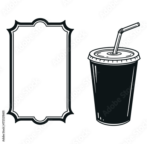 Vintage style soda cup and decorative frame vector design on white background