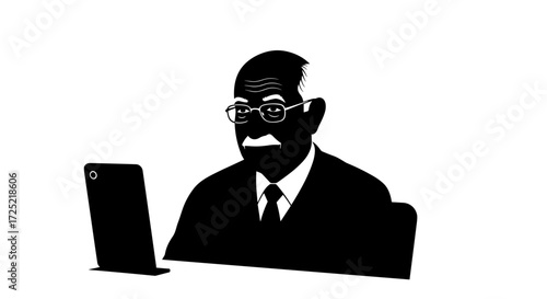 Elderly man video calling his family at a white background