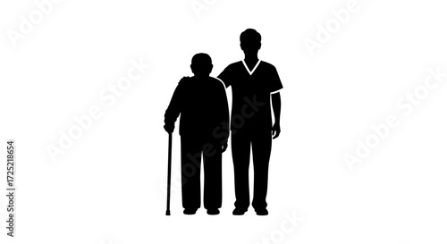 Elderly man with a cane standing next to a nurse in a caring mood on a white background