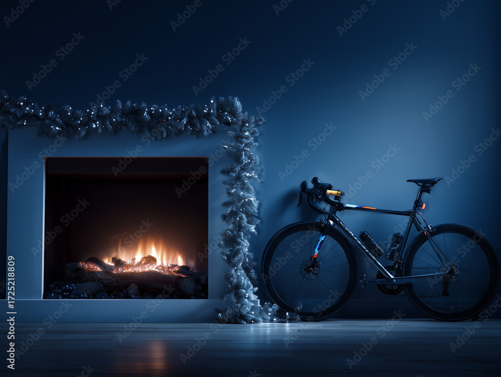 Fototapeta premium Road bike standing by a fireplace decorated for christmas in blue room
