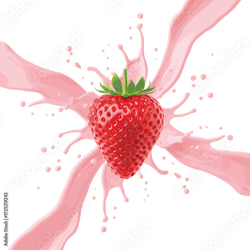 Fresh strawberry splash in pink liquid, juicy fruit impact with droplets, vibrant red berry and milk burst, dynamic food concept illustration for advertising visuals