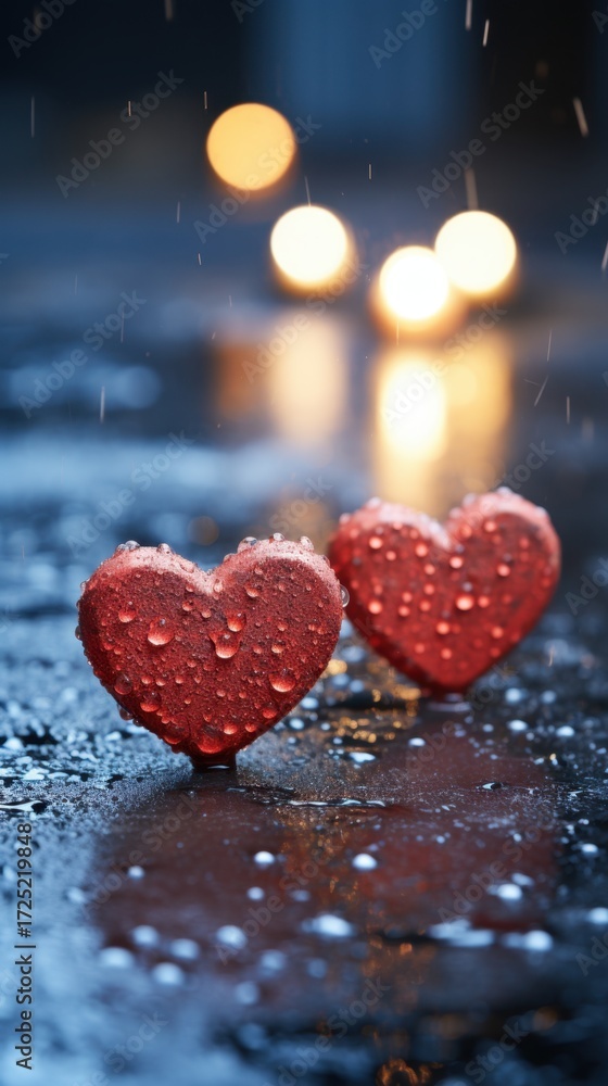 Fototapeta premium Two hearts glistening in the rain