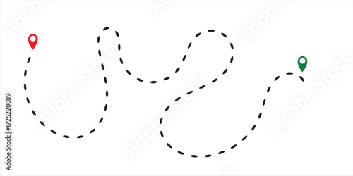 Dot line path route travel banner illustration with location map pin icon. Route location icon two pin sign and dotted
