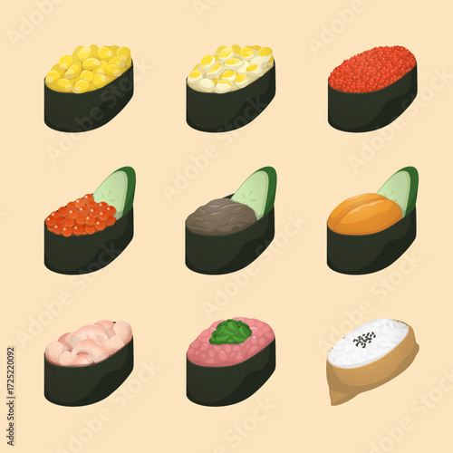 Assorted gunkan sushi set vector illustration with corn, corn salad, flying fish roe, salmon roe, crab paste, sea urchin, sweet shrimp, tuna with scallion, and inari sushi