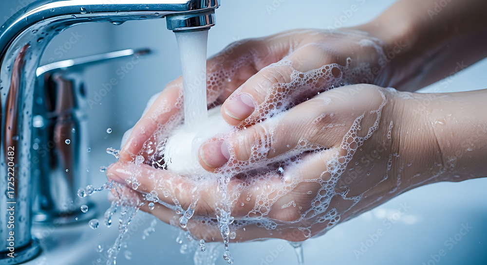 Fototapeta premium Close up of hands washing with soap under running water from a chrome faucet.