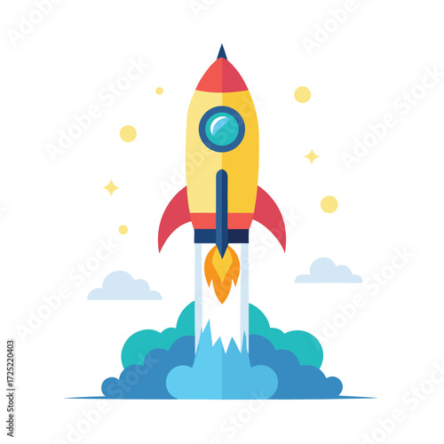 Glowing icon of a rocket taking off into the sky, representing startup launch, fast progress, business growth, innovation, and technological speed easily.