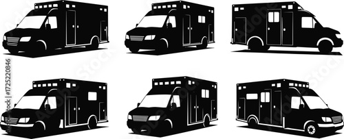 Ambulance silhouettes, emergency vehicle vector icons, medical van illustrations, paramedic transport graphics, rescue truck designs, healthcare emergency response vehicles, ambulance artwork