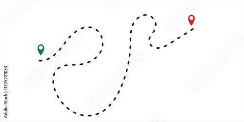 Dot line path route travel banner illustration with location map pin icon. Route location icon two pin sign and dotted
