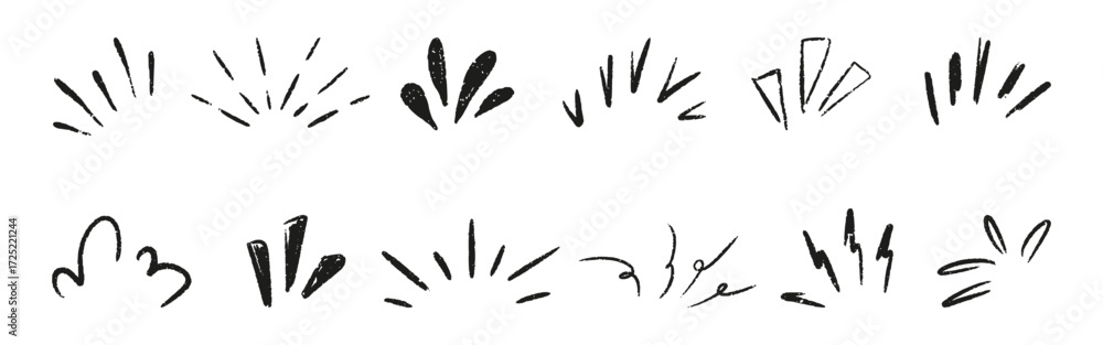 Comic burst manga element with twinkle line and surprise effect. Doodle starburst sketch. Hand drawn sunray sparkle, crayon shine and chalk highlight for attention mark design. Vector illustration