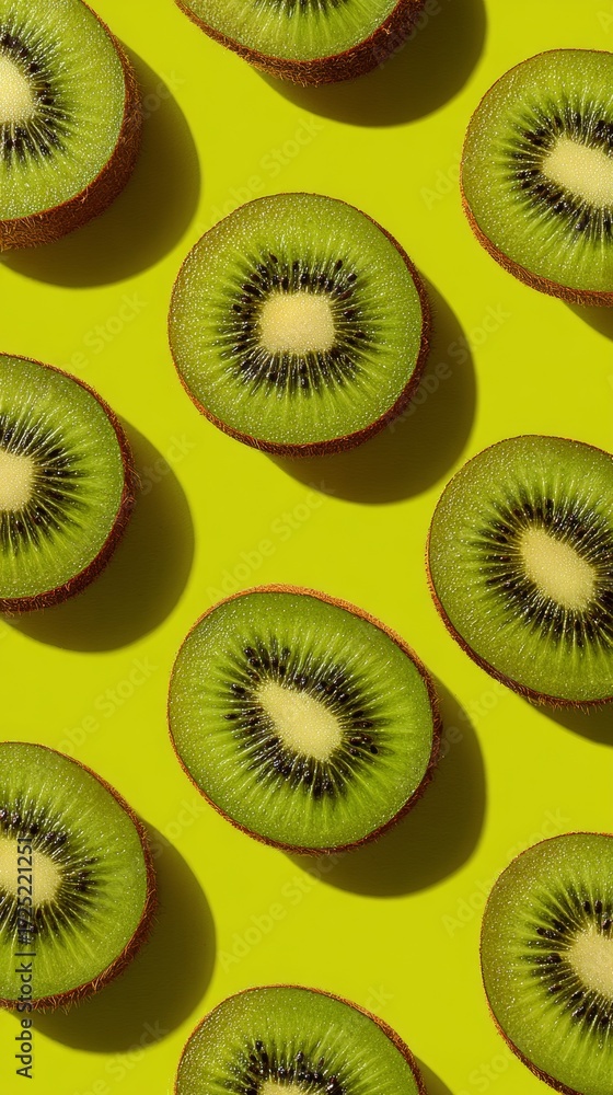 Fototapeta premium Top view of kiwi slices on a vivid yellow background, highlighting the unique patterns and textures of the fruit, creating a fresh and colorful atmosphere