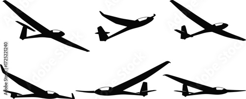 Glider aircraft silhouette vector set, soaring plane clipart, aviation icons for flight school, air sports, sailplane design, and pilot graphics