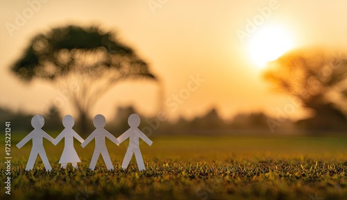 A heartwarming scene of paper cut-out figures holding hands in a grassy field at sunset.