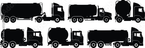 Fuel tanker truck silhouettes, oil transport vehicle vector icons, gasoline delivery lorry illustrations, petroleum cargo truck graphics, logistics transport design
