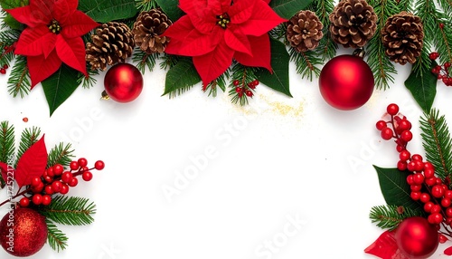 Elegant Christmas holiday flat lay composition featuring red poinsettia flowers, pine cones, and shiny ornaments forming a festive border on a white background