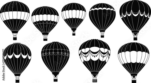 Hot air balloon silhouettes set, vintage aerostat icons, black vector balloons, retro flight symbols, travel adventure design, air transport illustration
