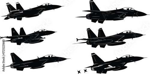 Jet fighter aircraft vector set, military plane silhouettes, warplane illustrations, combat aviation graphics, air force jets, defense aviation icons
