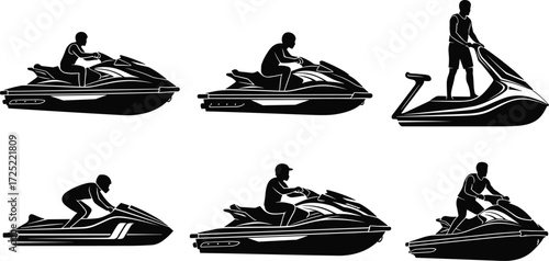 Jet ski silhouettes, water scooter vector icons, personal watercraft illustrations, aquatic vehicle graphics, extreme sports artwork, marine speed ride designs