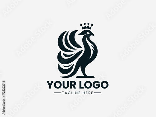 Heraldic medieval bird vector logo with shield and crown for royal family crest or castle branding