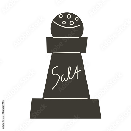 A dark silhouette of a salt shaker with the word Salt
