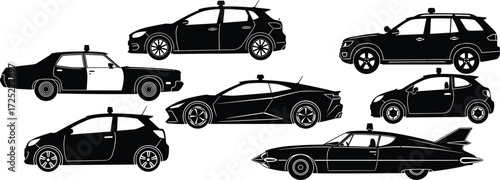 Police car silhouette set, patrol vehicle icons, law enforcement cars, vintage police sedan, modern police SUV, emergency car vector