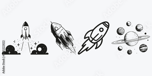 rocket flies into space sketch illustration vector set