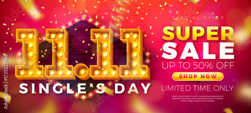 Singles Day 11 November Shopping Day Sale Design with 3d 11.11 Light Bulb Number, Stage Podium and Falling Confetti on Red Background. Chinese Mid Autumn Vector Special Offer Discount Illustration for