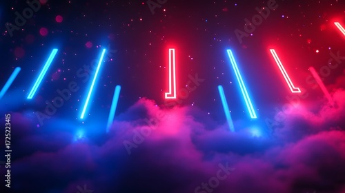 A dynamic display featuring vibrant neon lines of blue and red light against a backdrop of swirling, ethereal clouds.