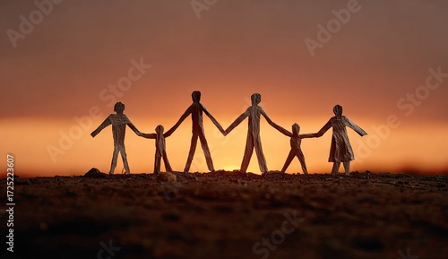 Silhouette family figures linked in unity at sunset, a powerful image of family and togetherness.