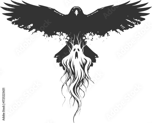 Raven with a ghost spirit dark fantasy tattoo vector silhouette