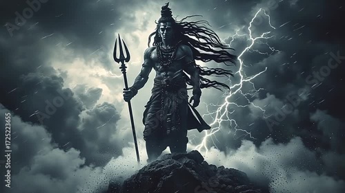 Majestic Lord Shiva Standing Amidst Lightning and Stormy Clouds