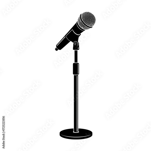 Dynamic professional microphone on stand ready for performance, podcast, or presentation, capturing clear audio.