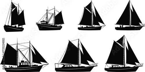 Sailing boat silhouette set, fishing boats, sailboats, traditional ships, marine transport icons, nautical vessels, yacht vector illustration pack