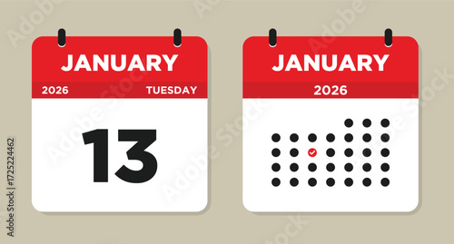 January 13 2026 (tuesday) Calendar Vector Illustration. 13 january calendar page. event reminder illustration. Day calendar with date January 13. Week Starts on Sunday. Checklist day calendar.