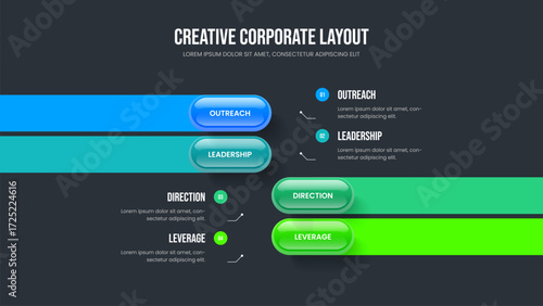 Corporate Solution Four Element Diagram Frame Template. Sales Report 4 Step Infographic Slide Design. Company Development Slideshow Layout Vector Illustration.
