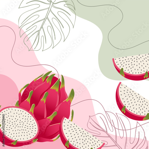 Dragon fruit fruits background. Composition of pitaya fruits with organic shapes and leaves. Tropical fruit background.