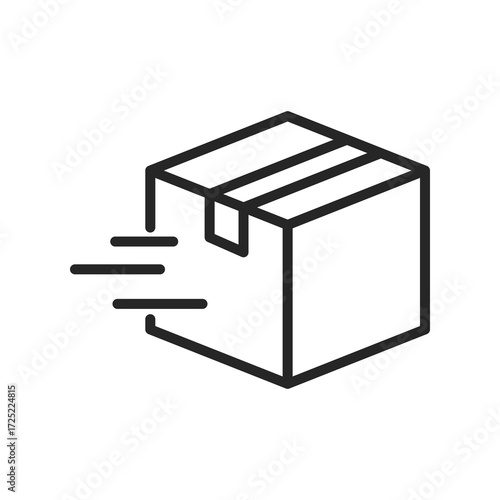 Clean vector line icon of a shipping box in motion, ideal for illustrating delivery services, logistics systems, and e-commerce fulfillment