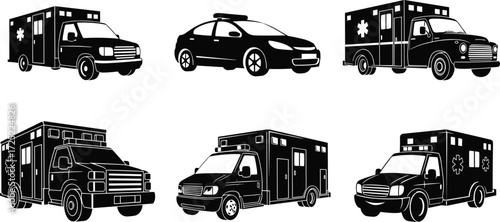 Silhouette set of emergency vehicles, ambulance icons, medical transport vans, police car, rescue transportation, emergency response cars, healthcare service vehicles, illustration