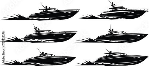Speed boat silhouette bundle, luxury yacht clipart set, motorboat vector graphics, fast sea transport design, marine vessel illustration pack