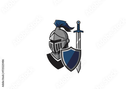 Knight Helmet with Sword and Shield Logo Vector