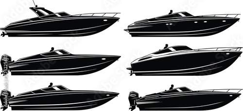 Speed boat silhouettes, motorboat vector icons, yacht clipart set, powerboat illustrations, fast boat artwork, sea transport graphics, racing boat designs
