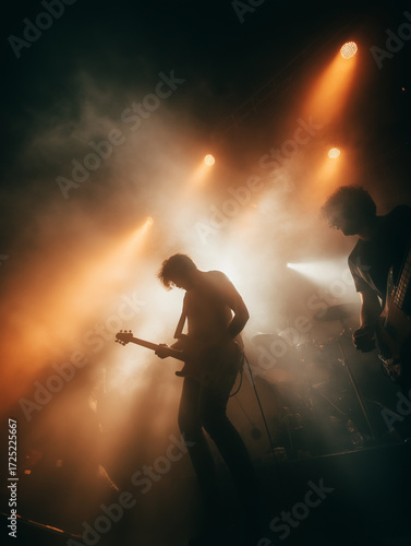 Live band performance with dramatic lights