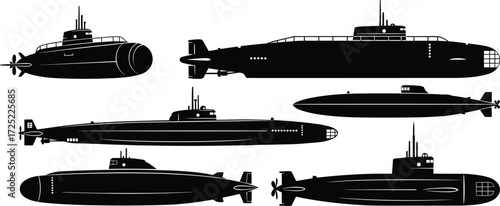Submarine silhouette bundle, military submarine vector set, underwater vessel clipart, naval ship designs, ocean transport illustration pack, diving graphic
