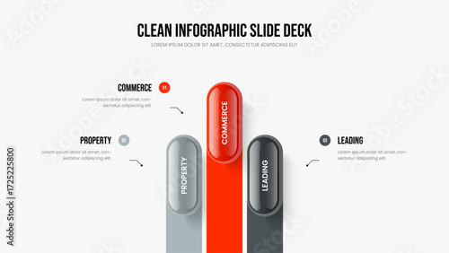 Business Strategy Three Option Diagram Slide Template. Marketing Performance 3 Element Infographic Presentation Layout. Digital Report Slideshow Design Vector Illustration.