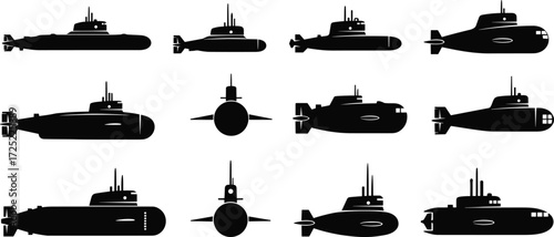 Submarine silhouette vector set, underwater vessel clipart, military submarine icons, navy warship illustrations for marine, defense, and ocean design
