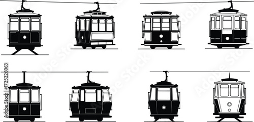 Vintage tram silhouette set, retro streetcar icons, railway transport collection, urban train design, public transit vector, old trolley illustration