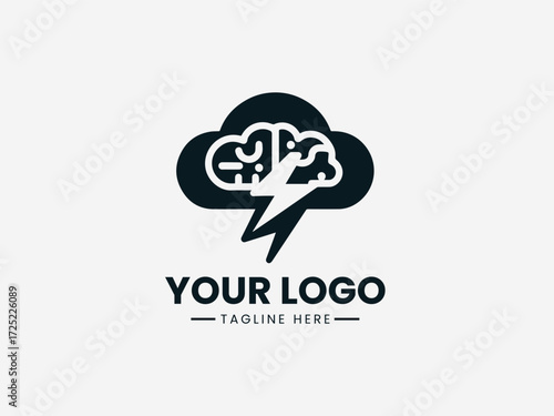 Dynamic brain storm vector logo with lightning bolts and cloud for creative agency branding