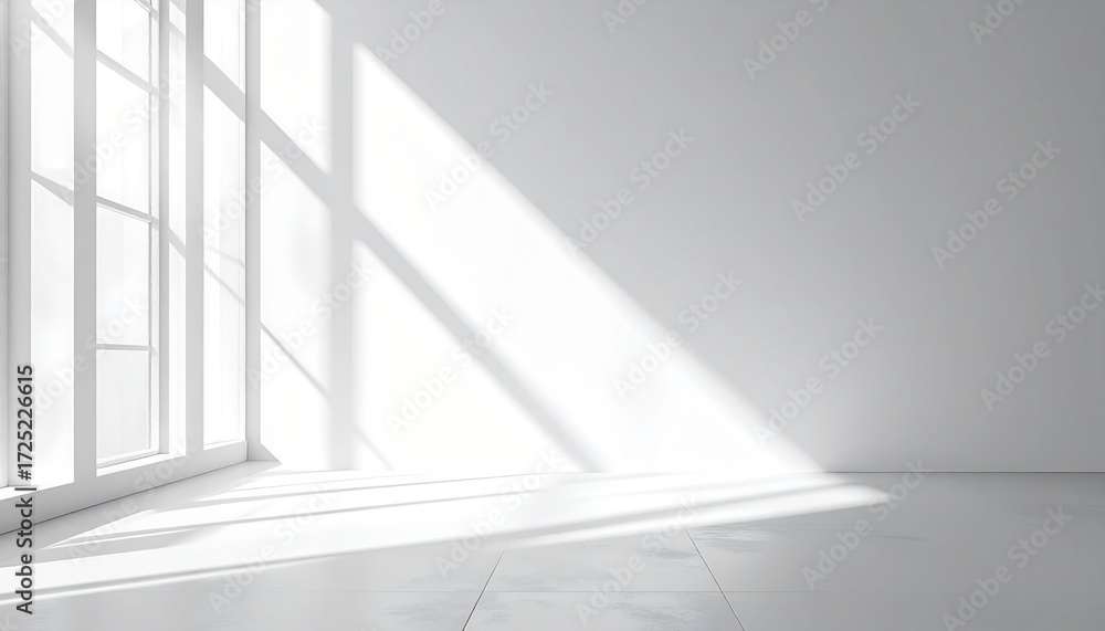 Fototapeta premium A bright minimalist white room interior with clean walls and soft natural sunlight casting geometric window shadows across the floor and wall.