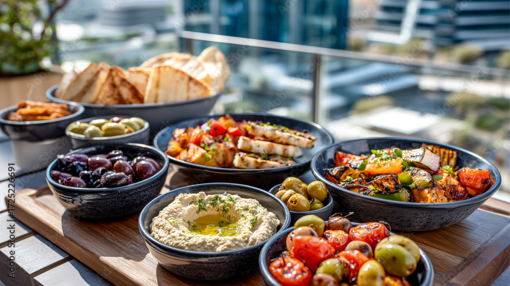 Fototapeta premium Delicious Mediterranean spread with hummus, halloumi, pita bread, and olives on a bright rooftop setting.